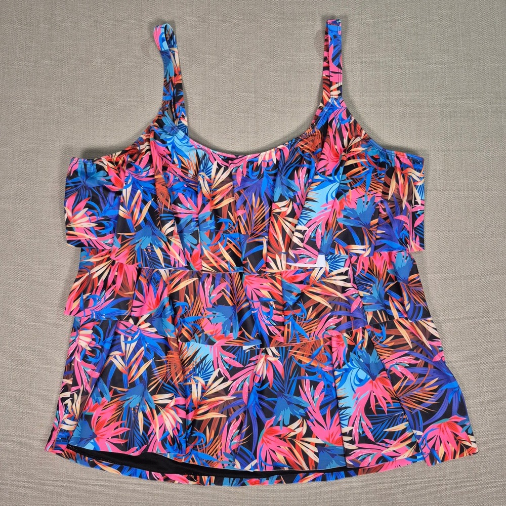 a.Jesdani Womens Tropical Ruffle Tiered Tankini Swim Blue Pink Top Only 5XL NWT